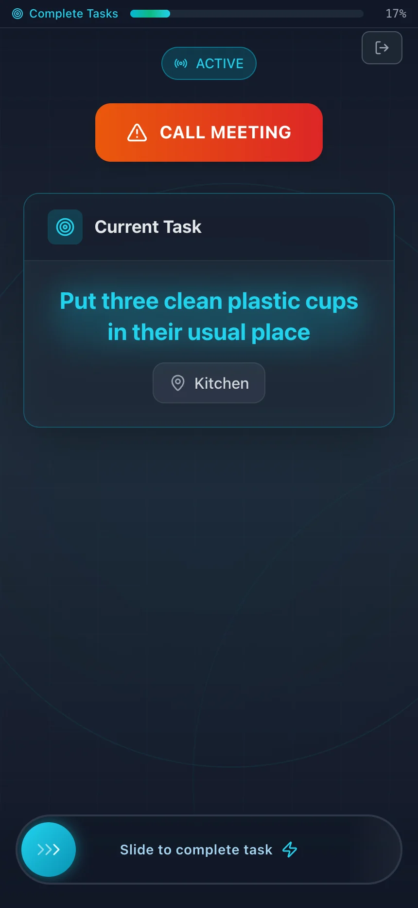 Sus Party cleanup game after a completed chore, with the next task and crew progress.