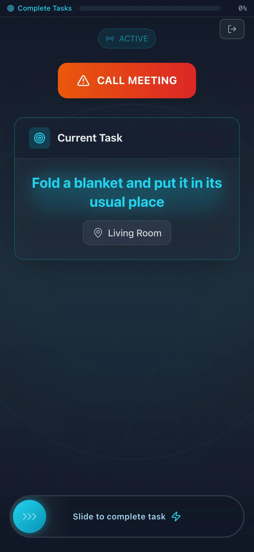 Sus Party crew screen with a cleanup task assigned to a room in the home.