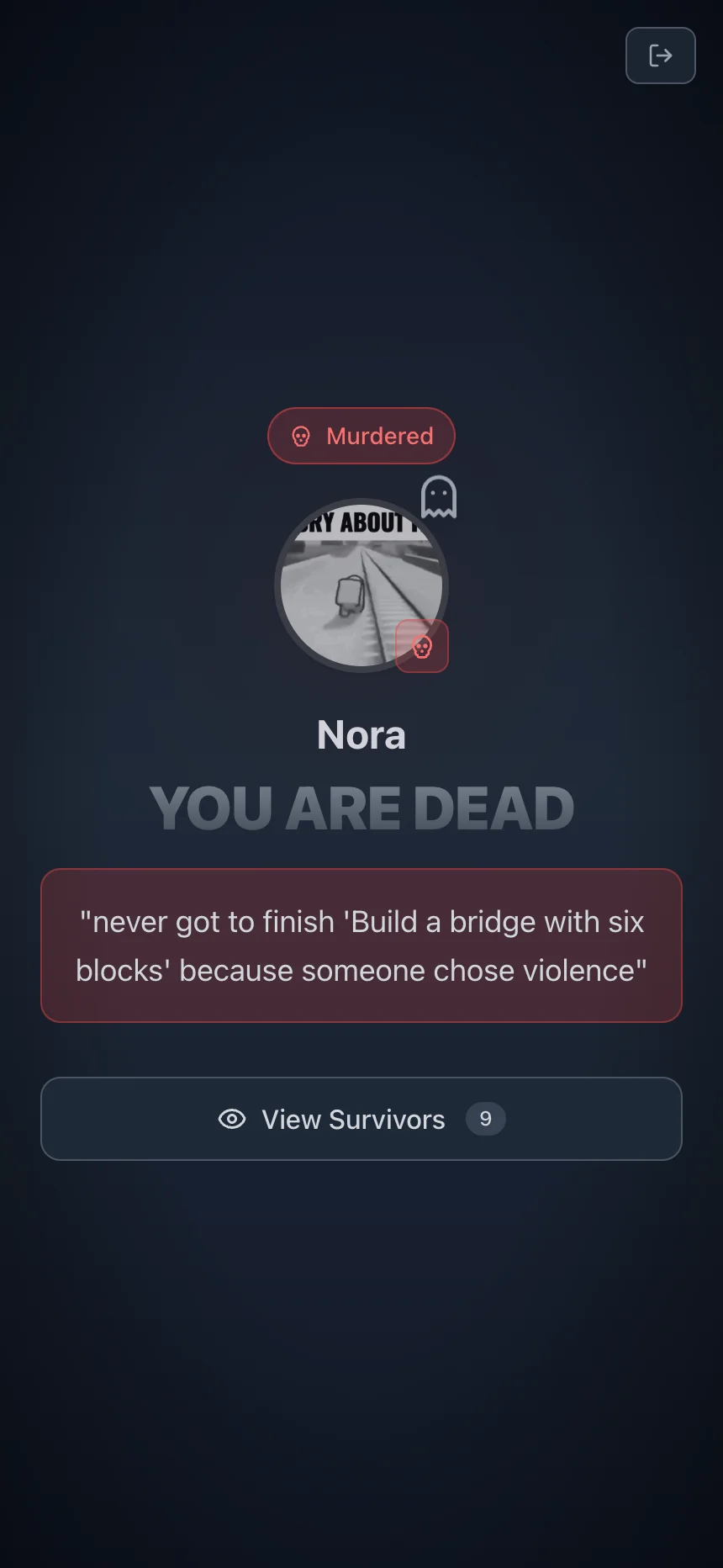 Sus Party eliminated-player screen with a fictional player name and the View Survivors control.
