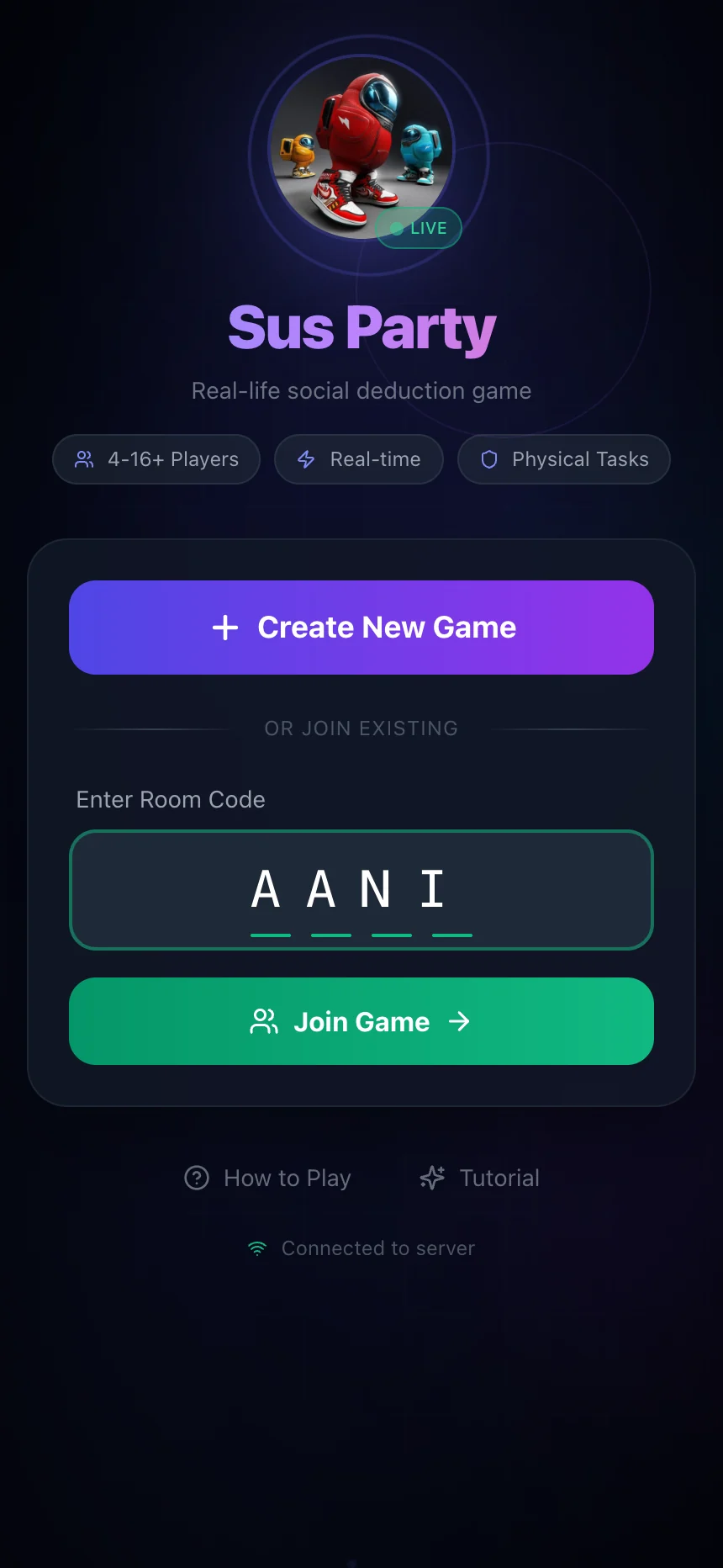 Sus Party join screen with an example room code entered.