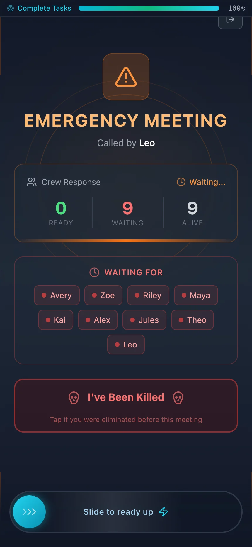 Sus Party meeting screen with player readiness and the slide-to-ready control.