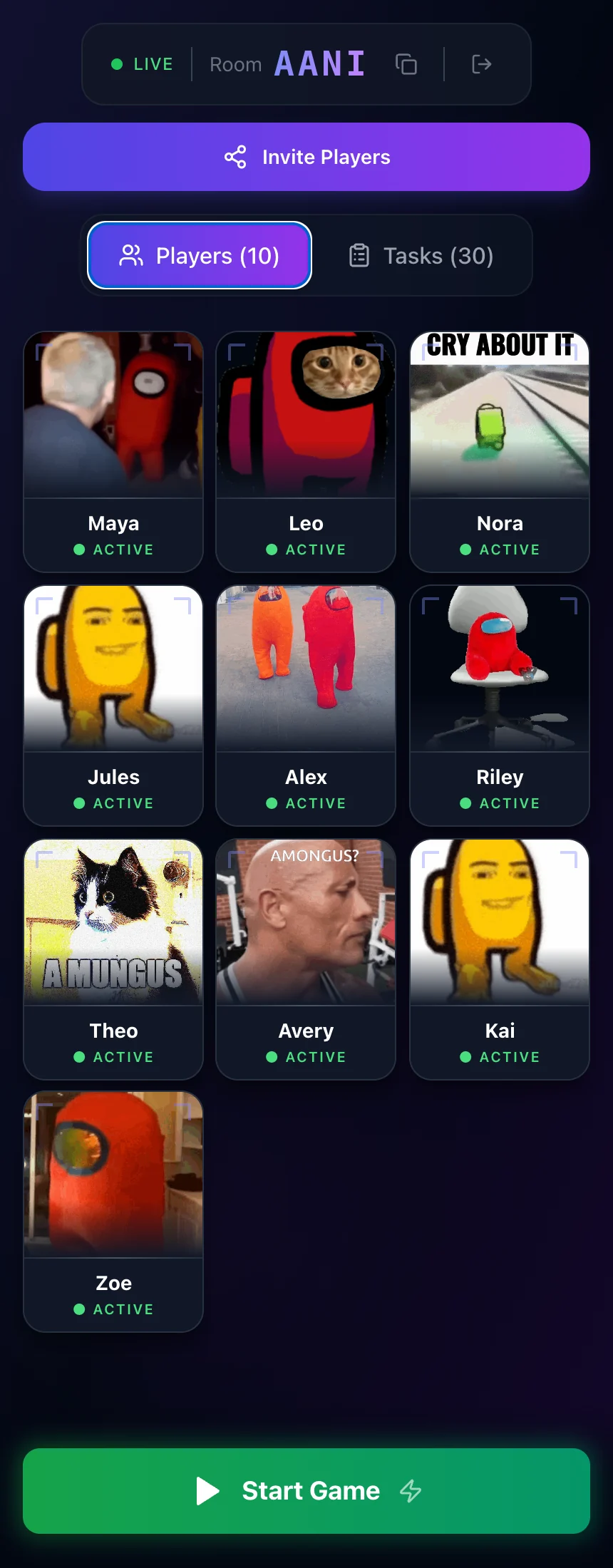 Sus Party lobby with ten fictional players and a ready task list.