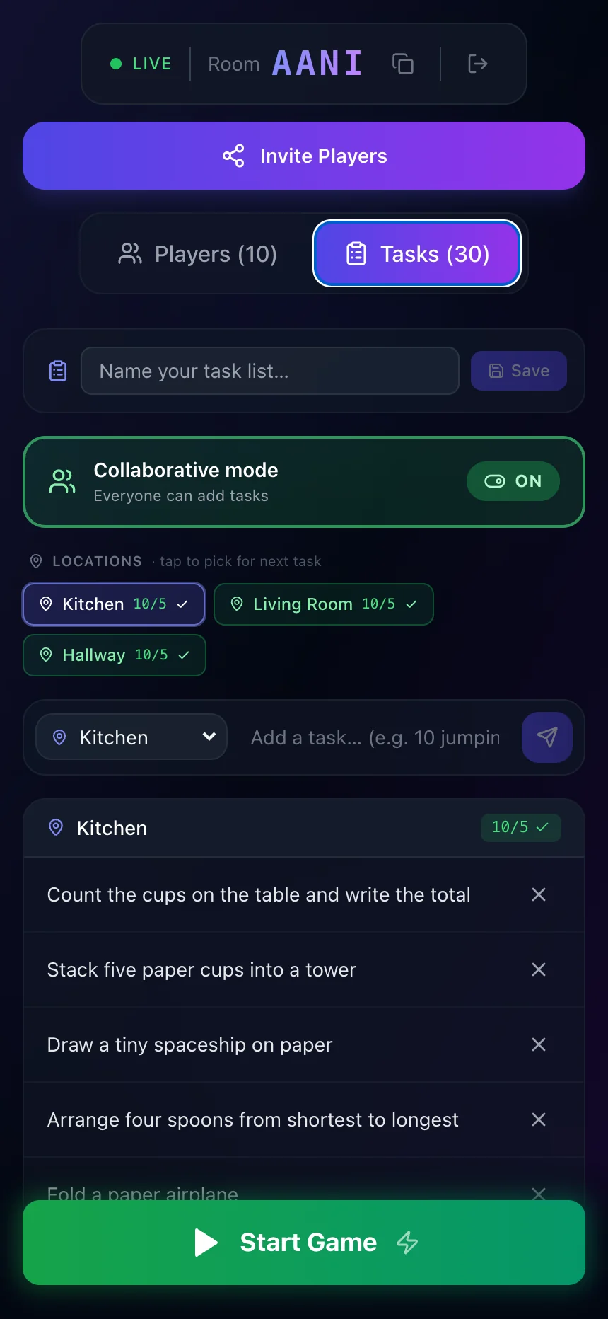 Sus Party task editor with real-life activities assigned to the Kitchen, Living Room, and Hallway.