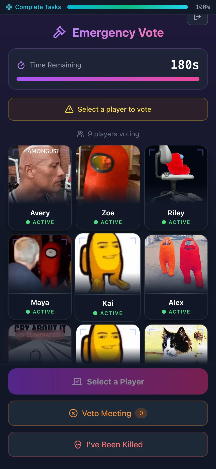 Sus Party voting screen with named players, live vote totals, and a veto option.
